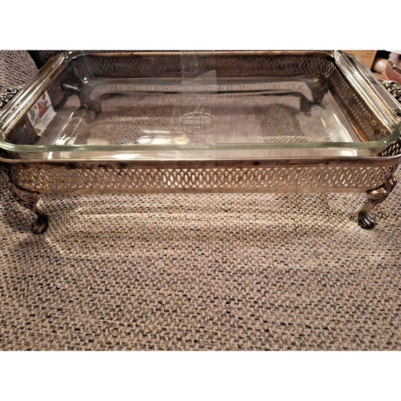 Vtg Anchor Hocking Fire King Glass Casserole Dish with Silver plated Tray 9x13in - Picture 5 of 12